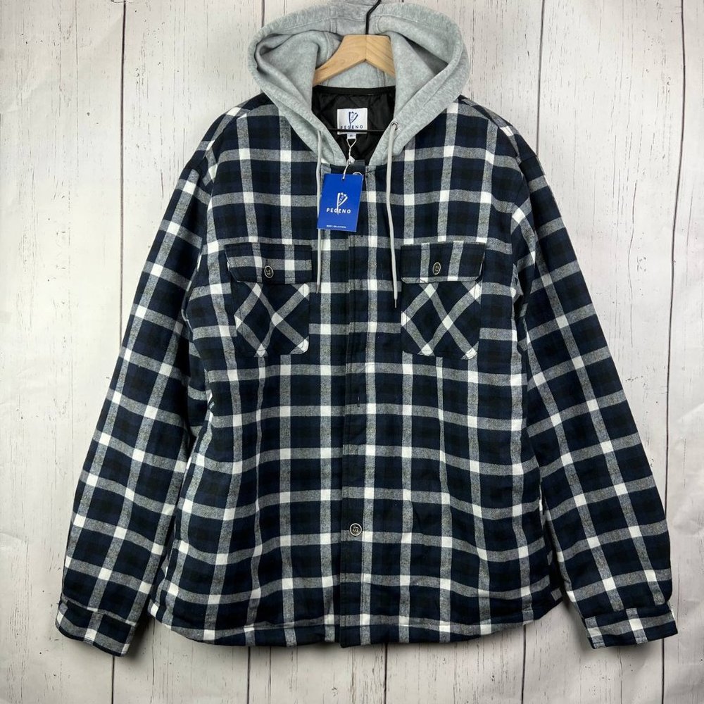 Pegeno XL‎ Plaid Button Quilted Long Sleeve Flannel Jacket Hoodie New Men